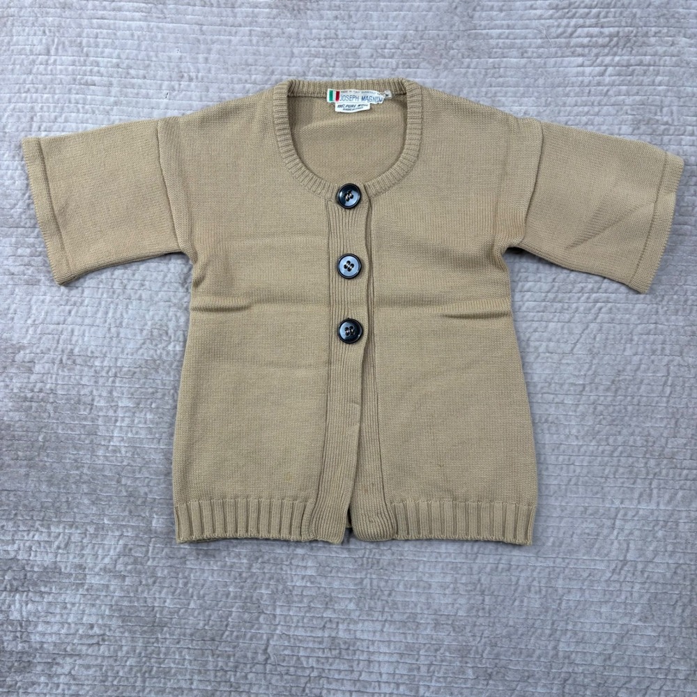 Vintage Joseph Magnin Tan Pure Wool Short Sleeve Cardigan Sweater Made in Italy‎
